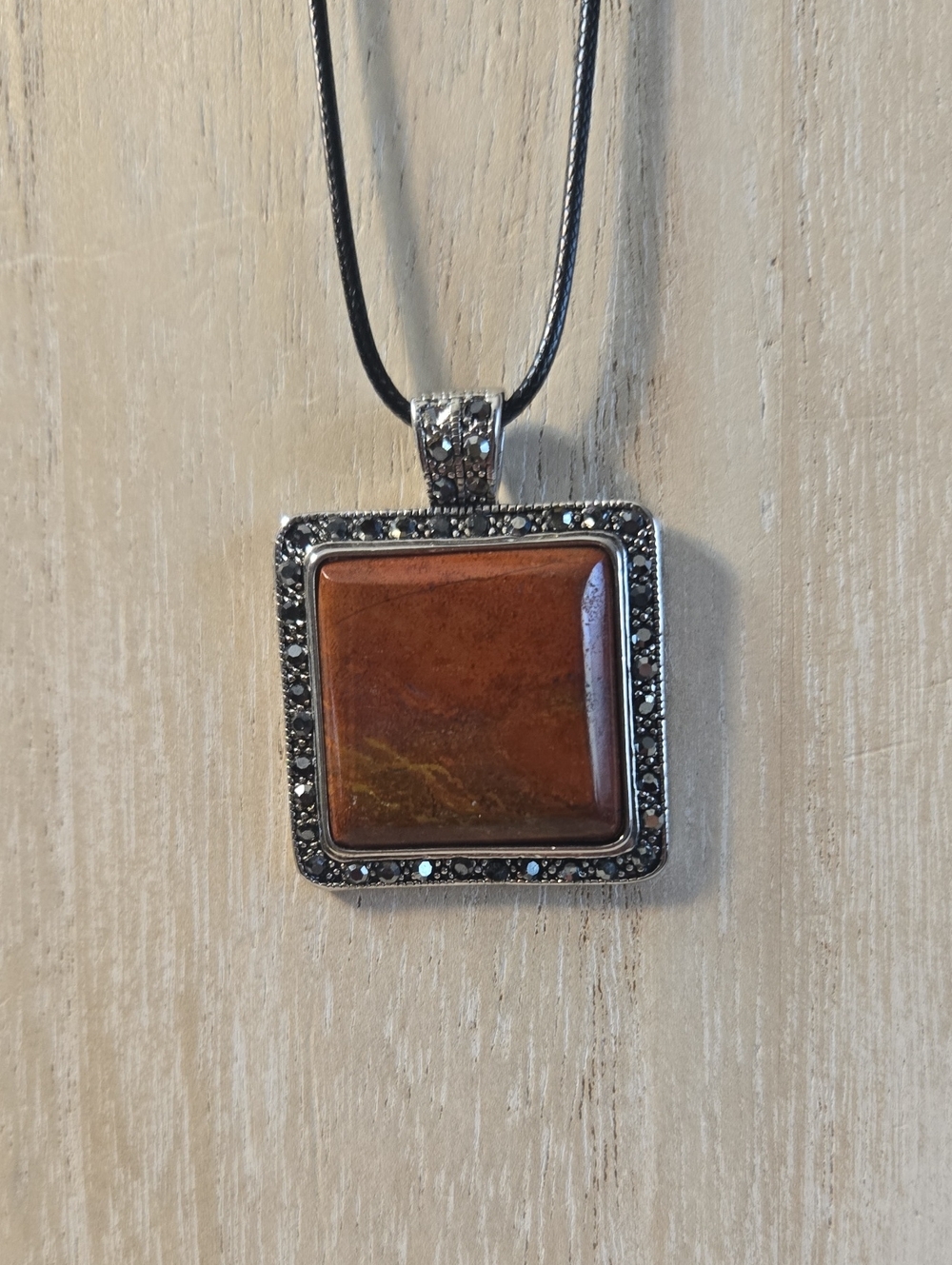 Square Brown Jasper Pendant Necklace with Marcasite Accent